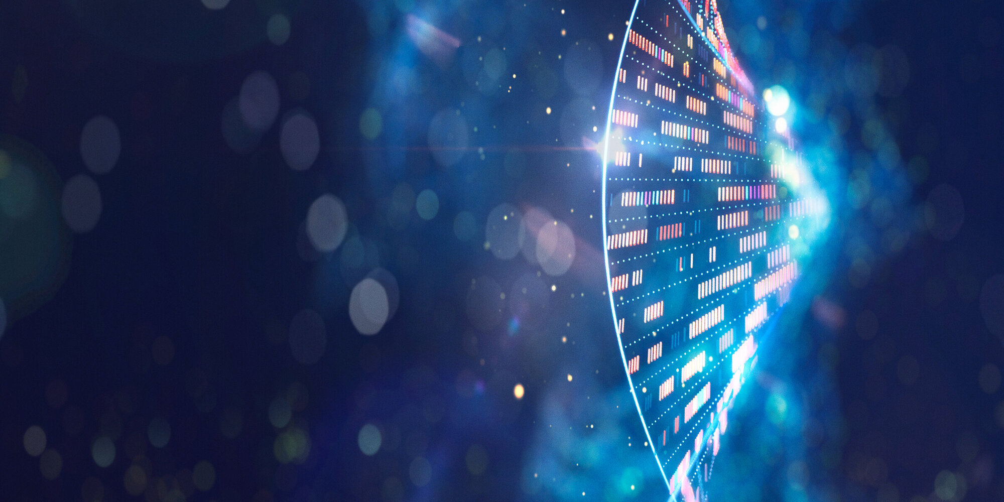 DNA molecular structure with sequencing data of human genome analysis.