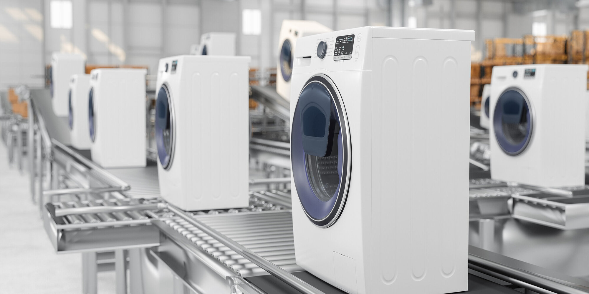 Close-up View Of Washing Machines On Conveyor Belt In Warehouse