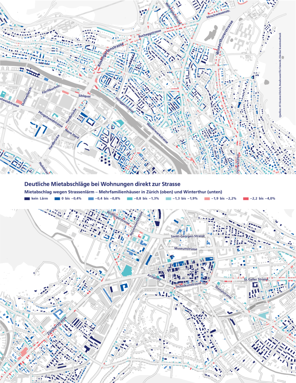 Karte: lärmbedingte Mietabschläge in Zürich und Winterthur