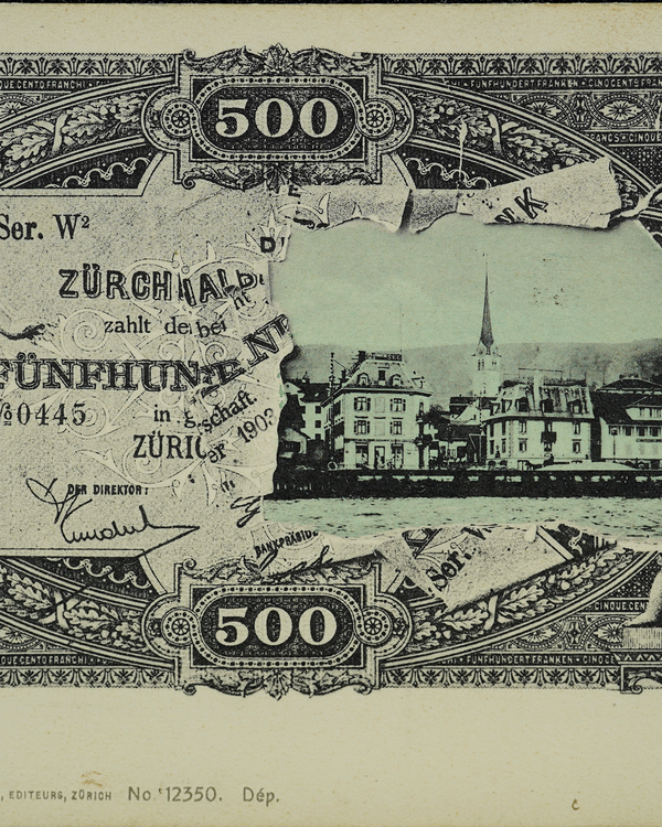 Alte Postkarte mit Banknotensujet, im Hintergrund Horgen