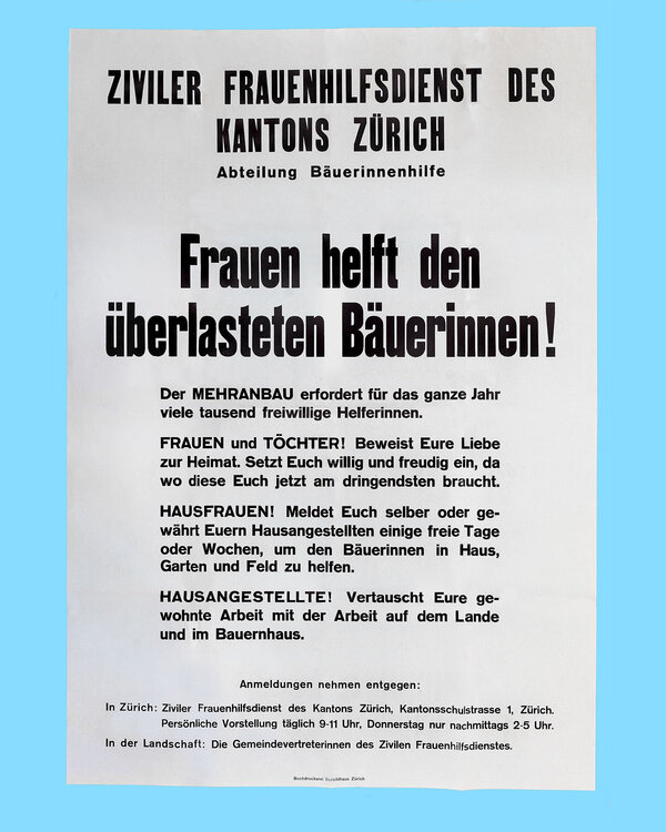 Aufruf zur Bäuerinnenhilfe des zivilen Frauenhilfsdienstes um 1942, Plakat