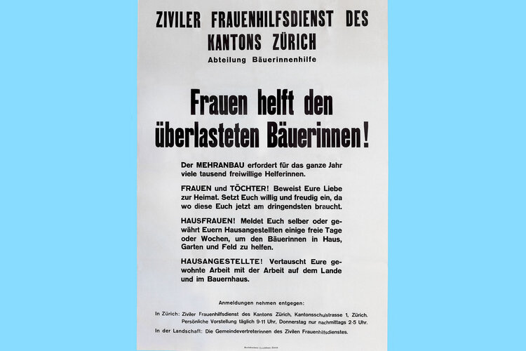 Aufruf zur Bäuerinnenhilfe des zivilen Frauenhilfsdienstes um 1942, Plakat