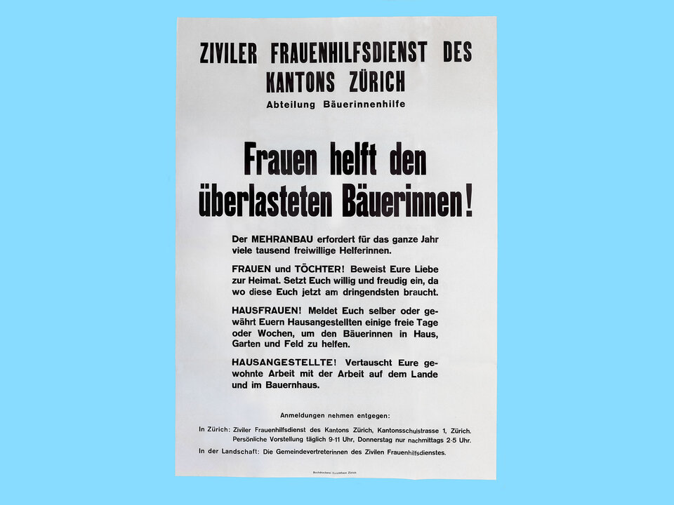 Aufruf zur Bäuerinnenhilfe des zivilen Frauenhilfsdienstes um 1942, Plakat