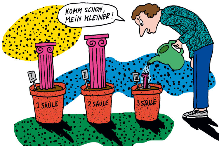 Ein Mann steht vor drei Blumentöpfen, daraus wachsen drei Säulen. Diese stehen für die Säulen des Schweizer Sozialversicherungssystems. Die Dritte Säule, die private Vorsorge, ist im Vergleich zu den Säulen 1 und 2 viel kleiner. 