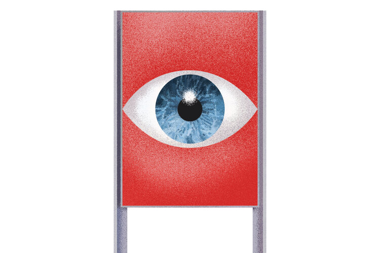 Die Illustration zeigt eine Plakatstelle, auf der ein grosses Auge prangt. 