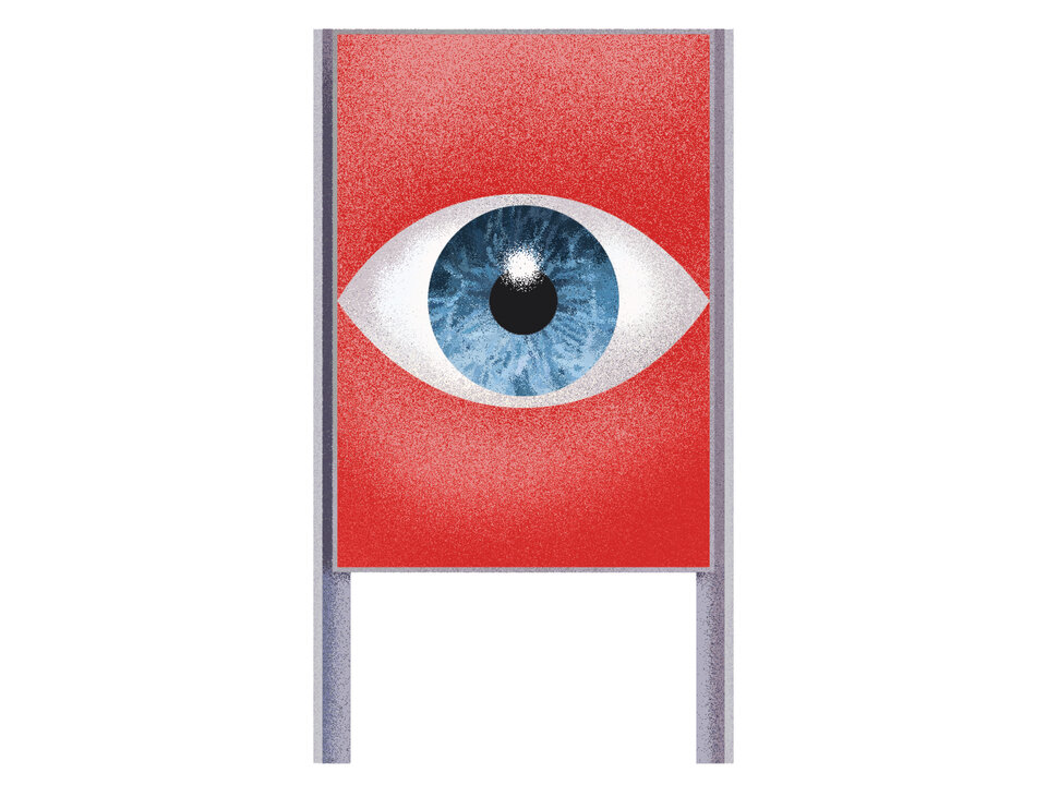 Die Illustration zeigt eine Plakatstelle, auf der ein grosses Auge prangt.