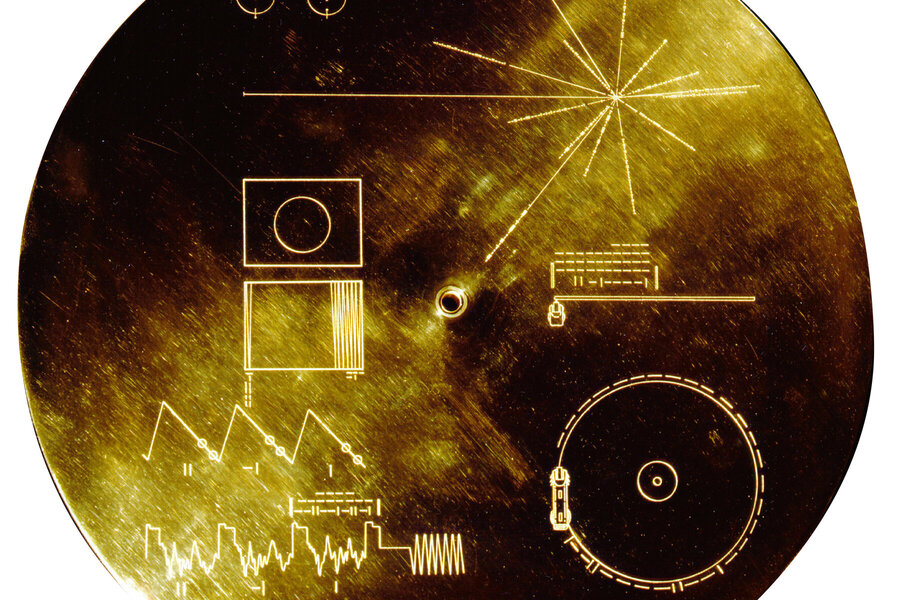 Vergoldete Kupferscheibe der Voyager-Raumsonde mit Symbolen
