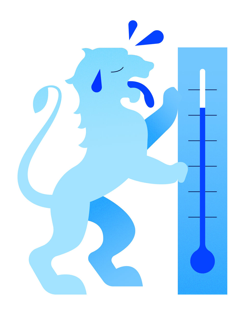 Illustration zum Thema Temperatur in Zürich. Sie zeigt einen schwitzenden Löwenden mit einem Thermometer.