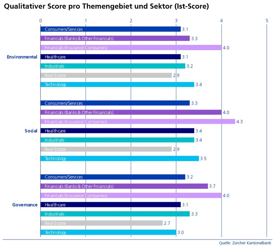 Qualitativer Score pro Themengebiet und Sektor (Ist-Score) (Grafik: Zürcher Kantonalbank)